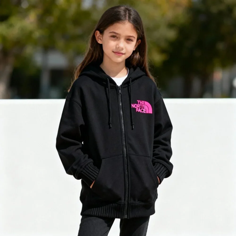 The North Face Girls YXL (14/16) Full-Zip Hoodie Sweatshirt – Black, Pink Logo